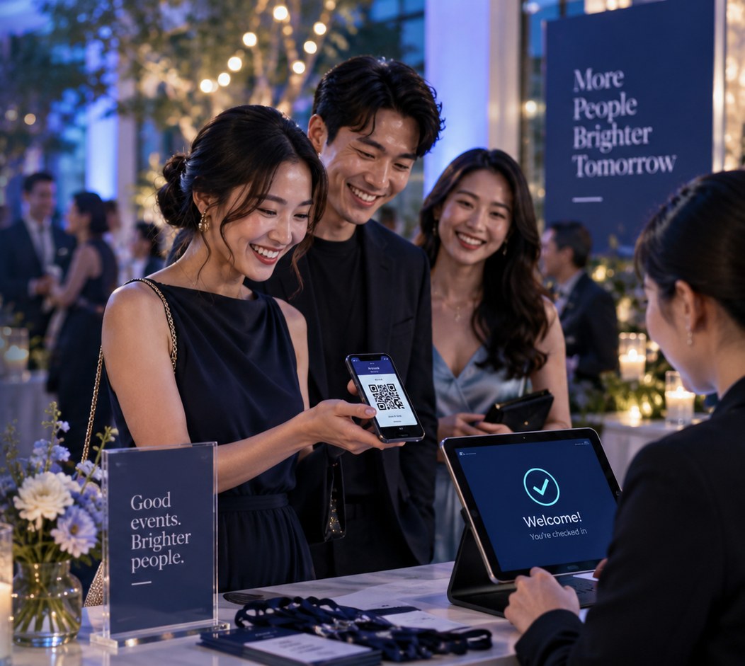 Guests arriving at an event and checking in with a QR code on a phone, while a tablet at the welcome desk confirms they are checked in.